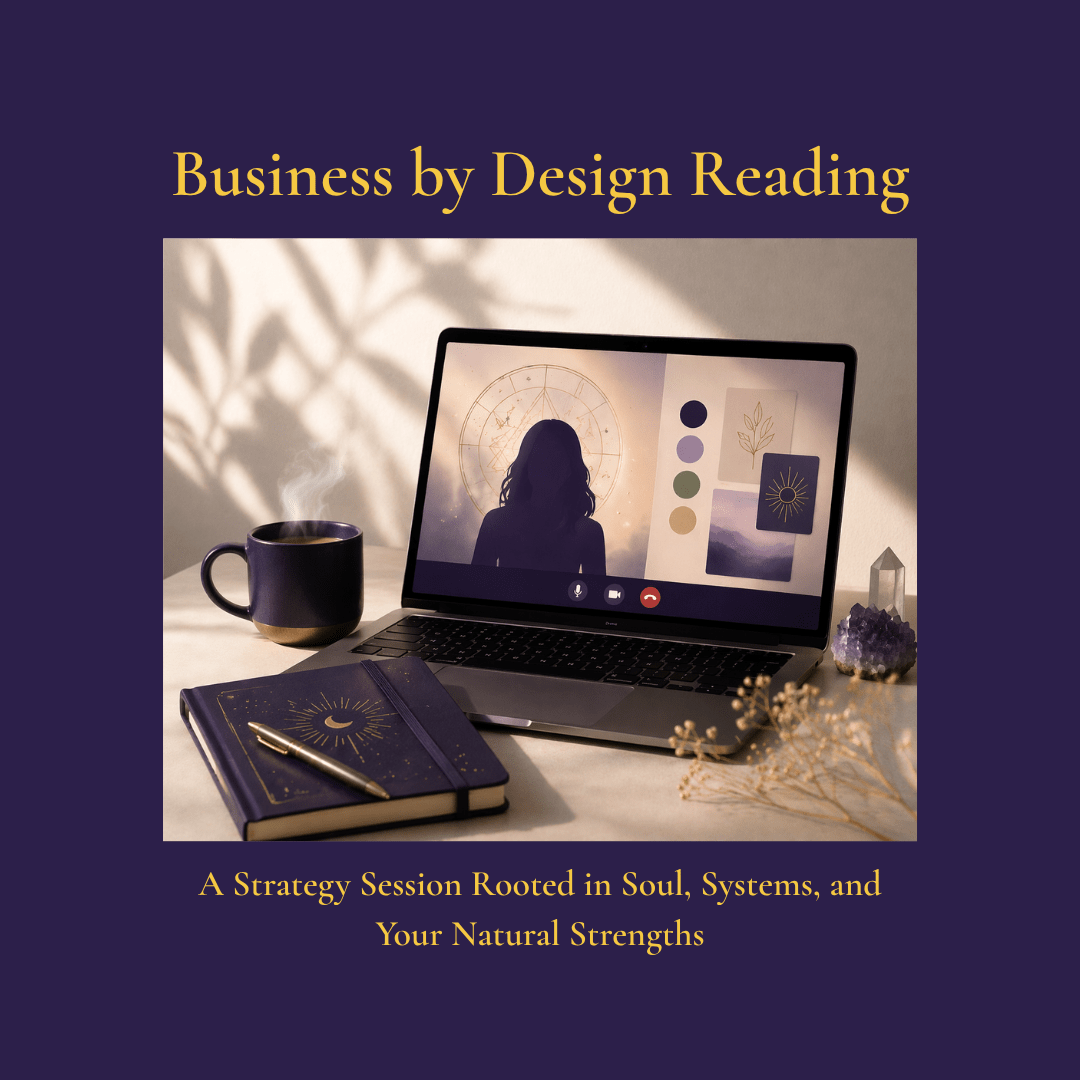 A Zoom call where Sashya Clark, Brand Congruence and Strategist uses a blend of BG5, Human Design, and Astrology to help you build a business that supports you.