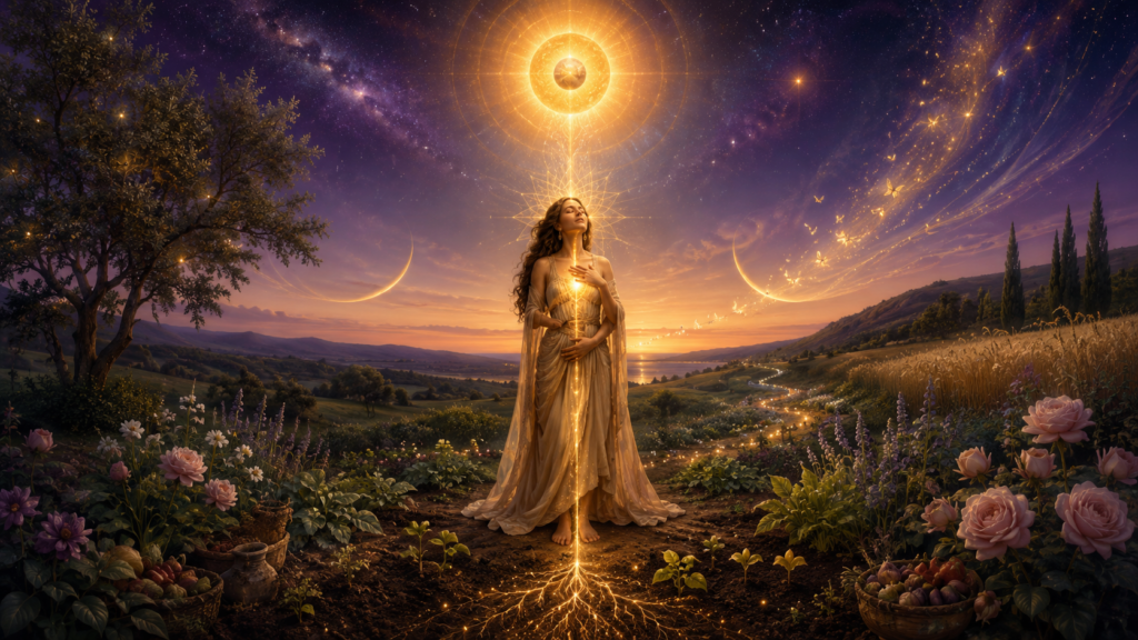 A serene woman stands barefoot in a blooming garden at twilight as golden light flows from a radiant sun above her into the ground, creating a peaceful, mystical scene.