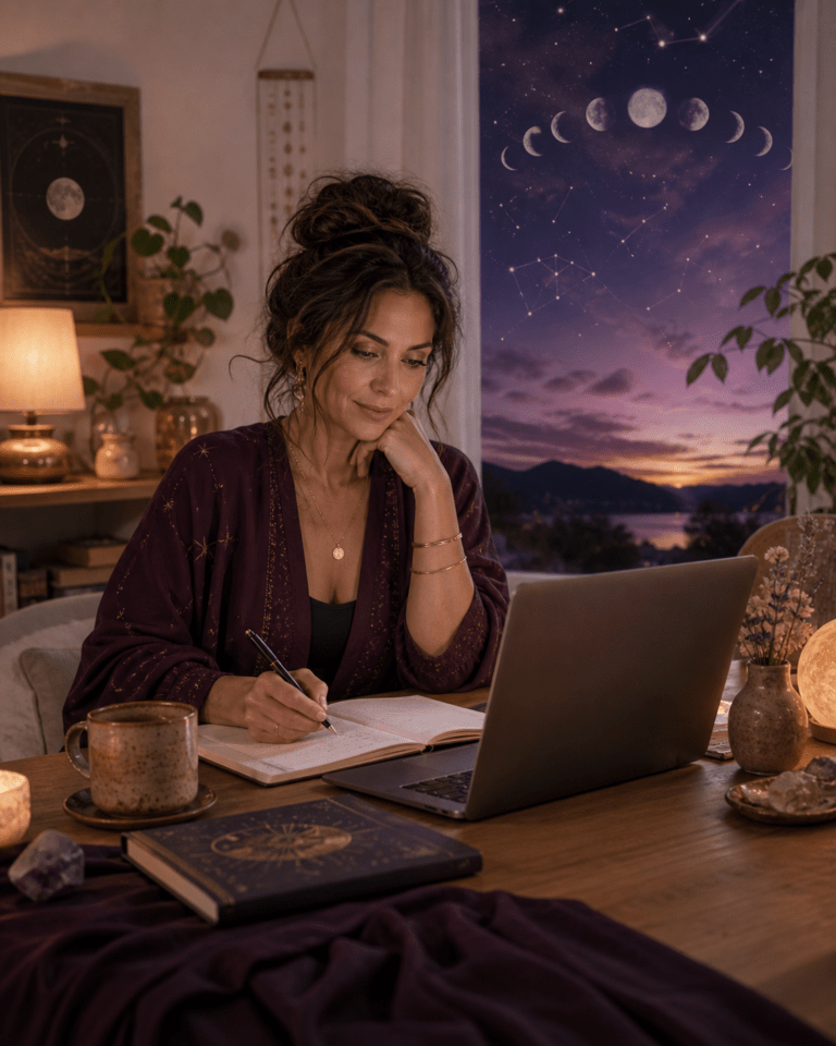 Sashya Clark, Clarity Consultant, creating a personalized business strategy for a client based on her astrology and Human Design
