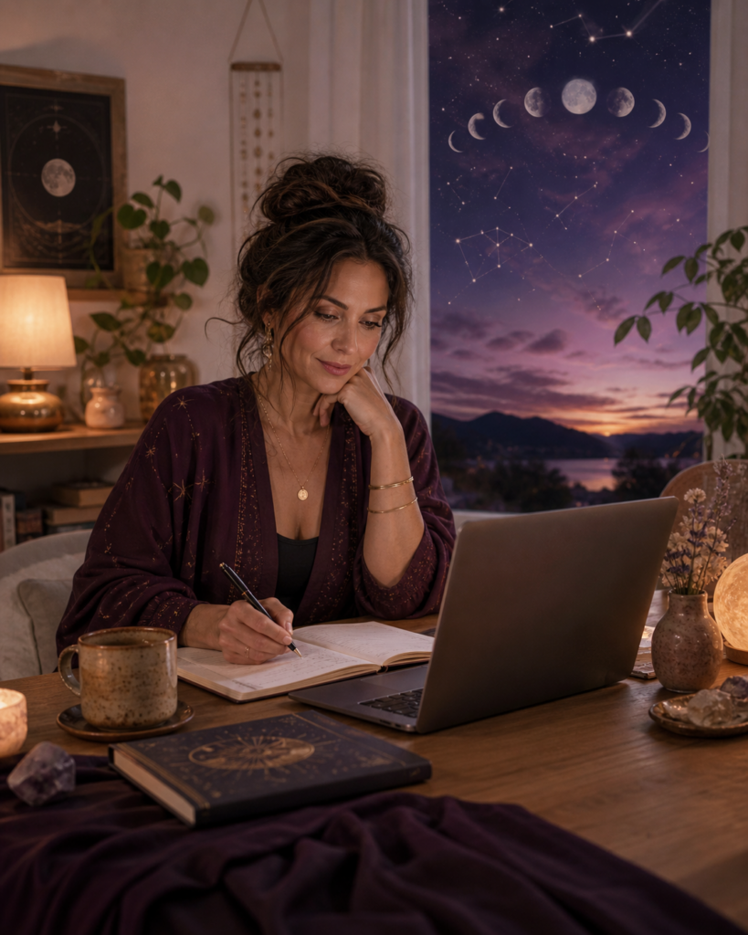 Sashya Clark, Clarity Consultant, creating a personalized business strategy for a client based on her astrology and Human Design