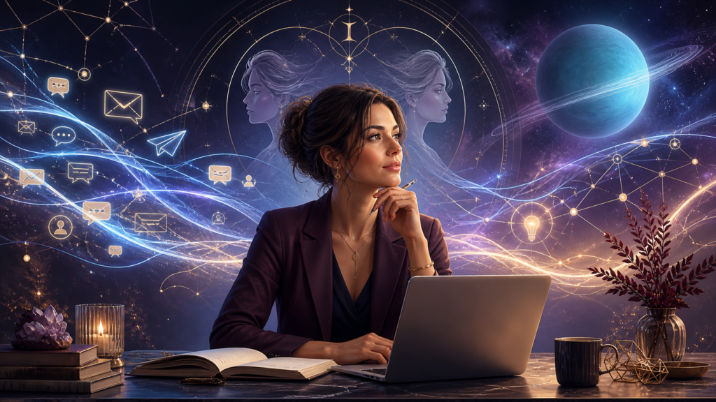 Sashya Clark, Clarity Consultant, working at a laptop in a cosmic-inspired workspace, symbolizing Uranus in Gemini and the changing future of business communication.