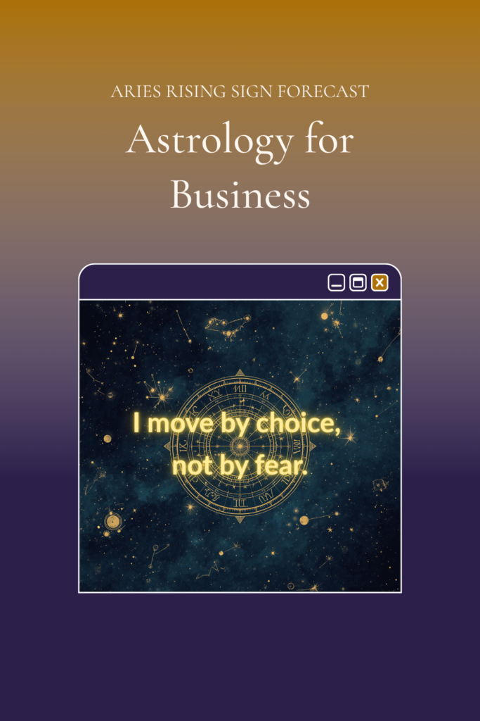 Dark midnight blue Pinterest pin with gold celestial star field and text "I move by choice now, not by fear" — Aries Rising astrology forecast for Chiron in Aries 2026, Uranus in Gemini, and the June 14 Gemini New Moon. Rising sign forecast at sashyaclark.com.