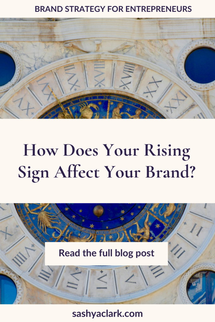 An ancient astrology wheel with multiple houses around the cirucumference.  The caption reads, "How does your rising sign affect your brand? by Sashya Clark, Brand Strategist"