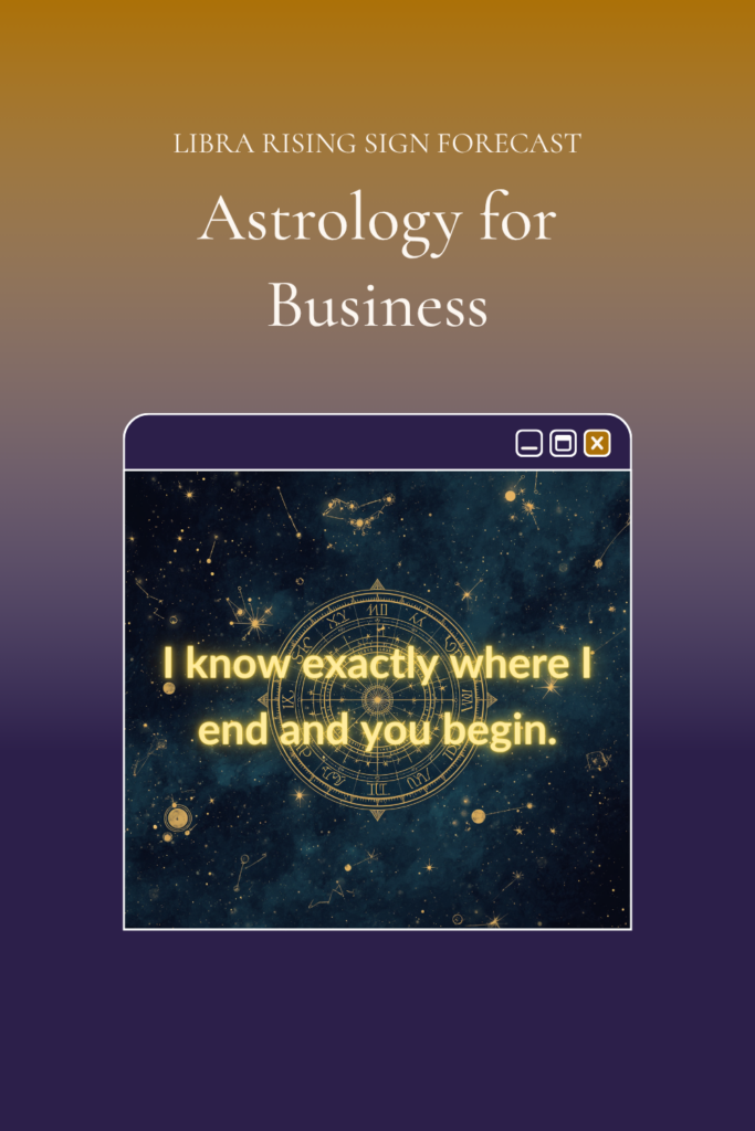 Dark cosmic Pinterest pin with starfield and gold text "I know exactly where I end and you begin" — Libra Rising astrology forecast for Chiron in Aries 2026, Uranus in Gemini, and the Gemini New Moon June 2026. sashyaclark.com.