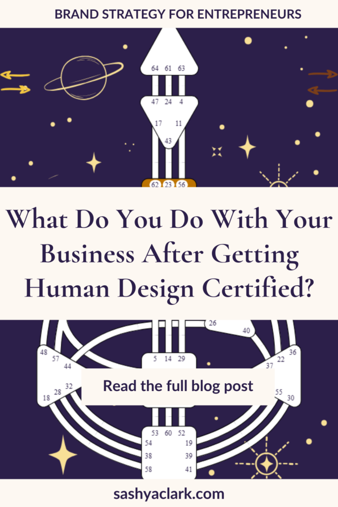 An image of a bodygraph chart with a night sky and stars and planets in the background.  The caption reads, "What do you do with your business after getting Human Design Certified?"