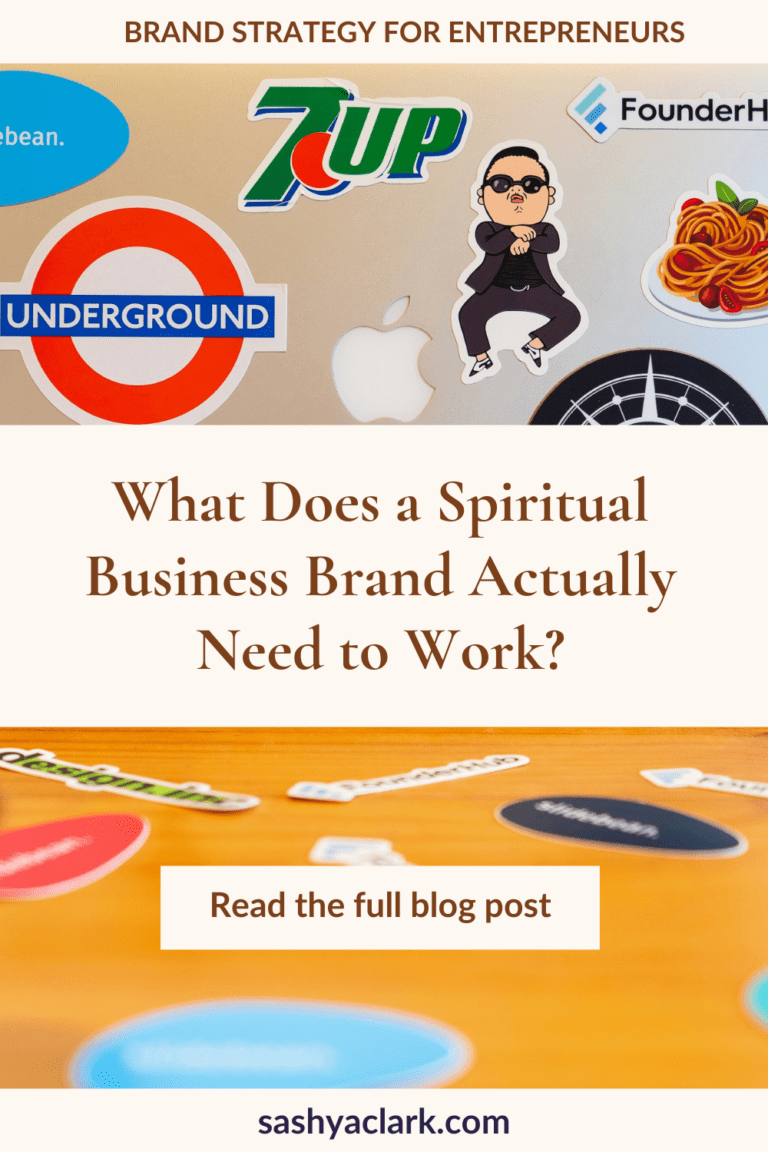 an image of a laptop with several branded stickers on the lid. the caption reads, "What does a Spiritual Business Brand Actually need to Work?"