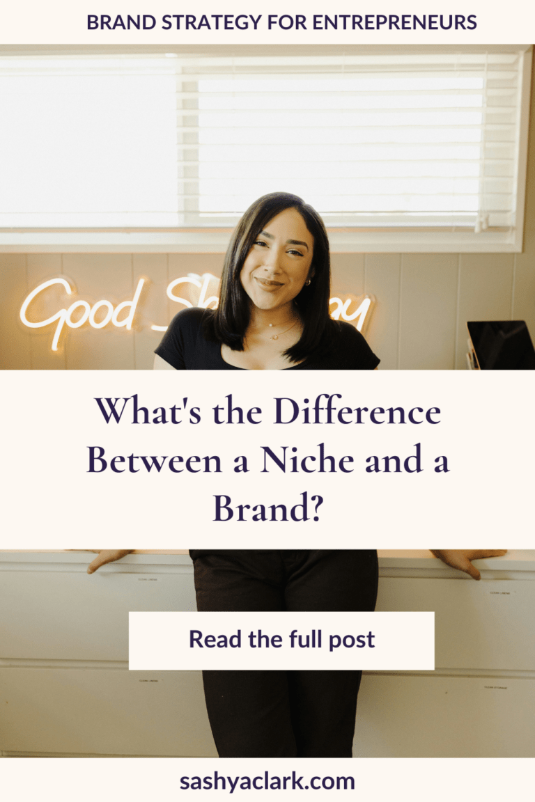 a spiritual entrepreneur posing for a brand photo the caption reads, "What's the difference between a niche and a brand by Sashya Clark Brand Strategist"