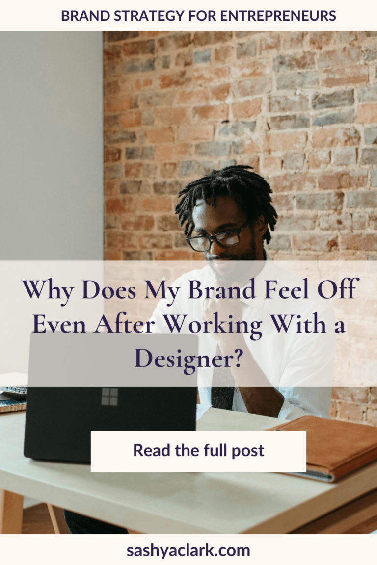 Spiritual Entrepreneur trying to figure out his brand on his laptop. The caption reads, "Why Does my Brand Feel Off Even After Working with a Designer?"