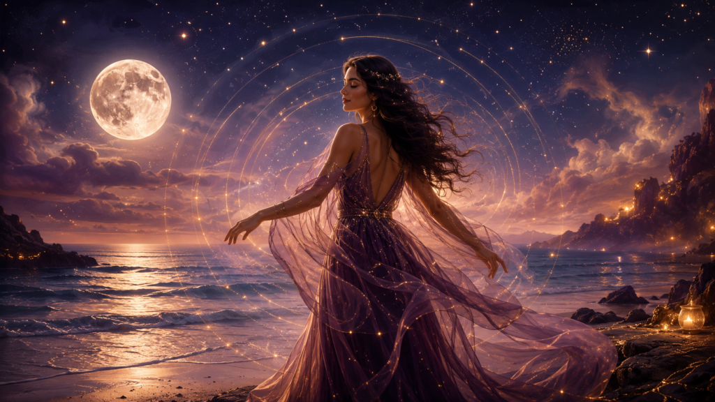 A woman in a flowing plum-purple dress stands at the edge of a moonlit ocean under a starry sky. Golden rings of light radiate around her, symbolizing authentic rhythm, intuition, and magnetic alignment.