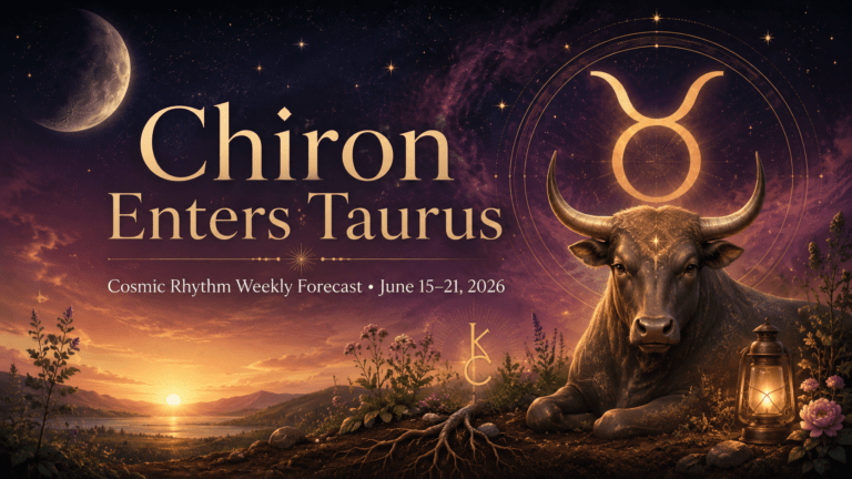 Mystical astrology blog image for “Chiron Enters Taurus,” featuring a calm bull beneath a glowing Taurus symbol, a lantern, roots in fertile soil, a moonlit cosmic sky, and summer solstice light on the horizon. The image represents the June 15–21, 2026 Cosmic Rhythm Weekly Forecast and themes of healing, worth, embodiment, and Gate 12’s careful timing.