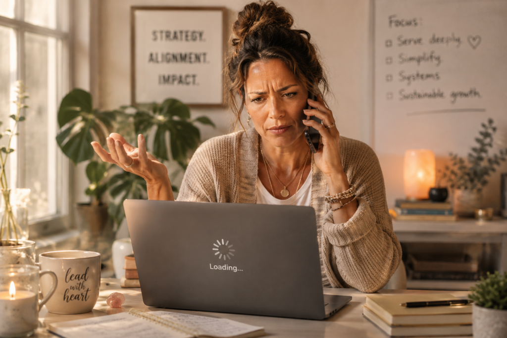 A woman sits at her desk in a cozy home office, talking on the phone while looking frustrated at a laptop displaying a loading screen. The image illustrates the communication delays and technology frustrations often associated with Mercury Retrograde in business.