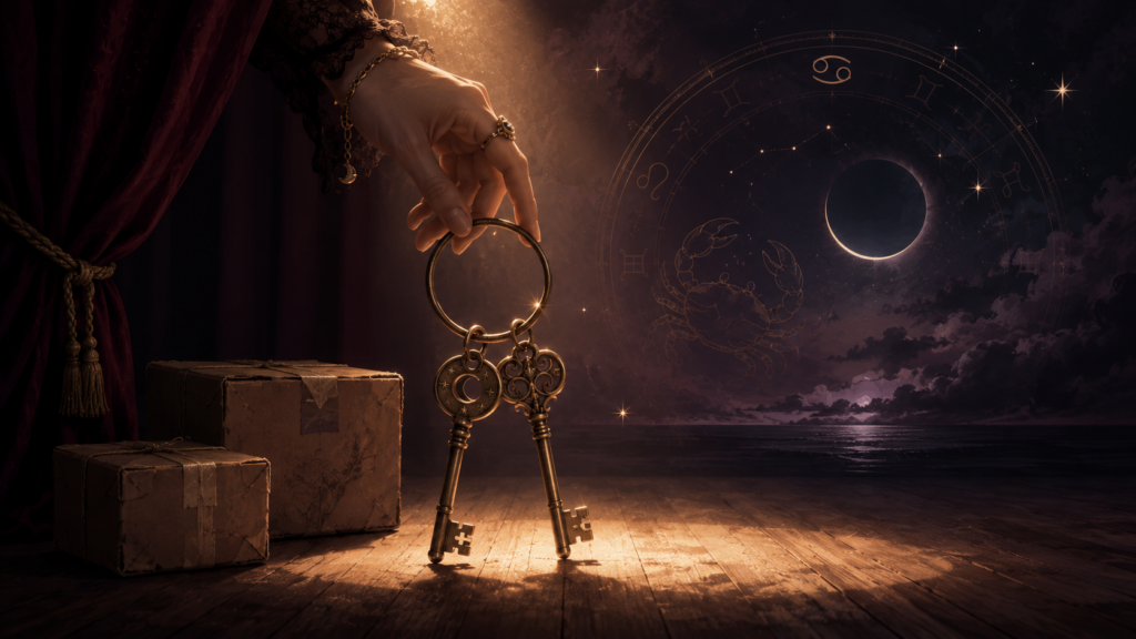 A hand holds two antique brass keys above a spotlighted stage beside worn moving boxes, with a Cancer zodiac wheel, dark new moon, and starry sky in the background, symbolizing reflection, repair, and release during the July 13–19, 2026 astrology forecast.
