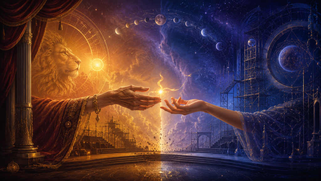 A cosmic theater split between golden Leo light and cool Aquarian blue, as an elderly hand passes a glowing flame to a younger hand beneath stars and planets, symbolizing spiritual inheritance, transformation, and the astrology forecast for July 20–26, 2026.