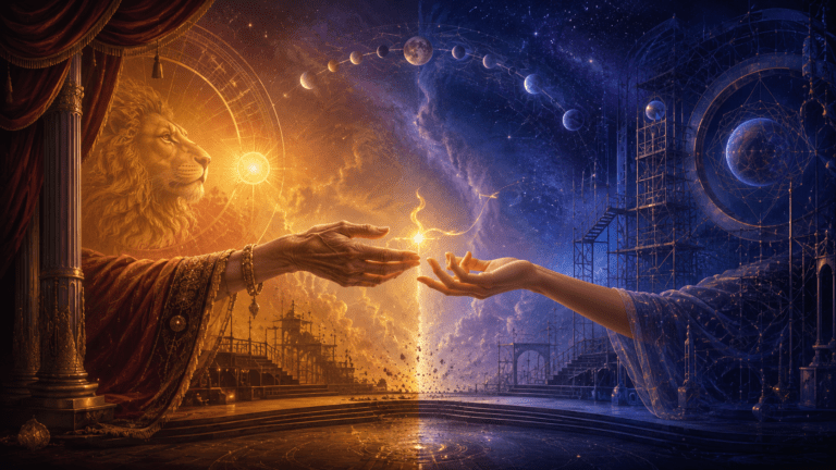 A cosmic theater split between golden Leo light and cool Aquarian blue, as an elderly hand passes a glowing flame to a younger hand beneath stars and planets, symbolizing spiritual inheritance, transformation, and the astrology forecast for July 20–26, 2026.