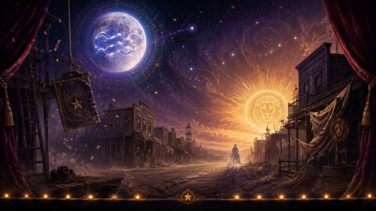 Illustrated astrology-inspired scene of a deserted Wild West ghost town beneath a dramatic cosmic sky, with a glowing Aquarius full moon on the left and a radiant Leo sun on the right. Old wooden storefronts line a dusty street, stage curtains frame the image, and a lone rider on horseback disappears into the distance, symbolizing release, transition, and the weekly astrological forecast.