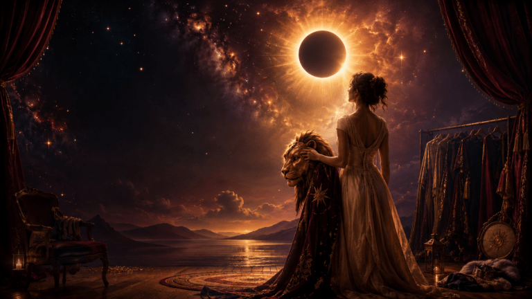 Mystical Leo solar eclipse scene with a woman on a theatrical stage removing a regal lion costume beneath a glowing golden eclipse, symbolizing authenticity, letting go of old roles, and asking, “Is this mine?” during the Leo eclipse.