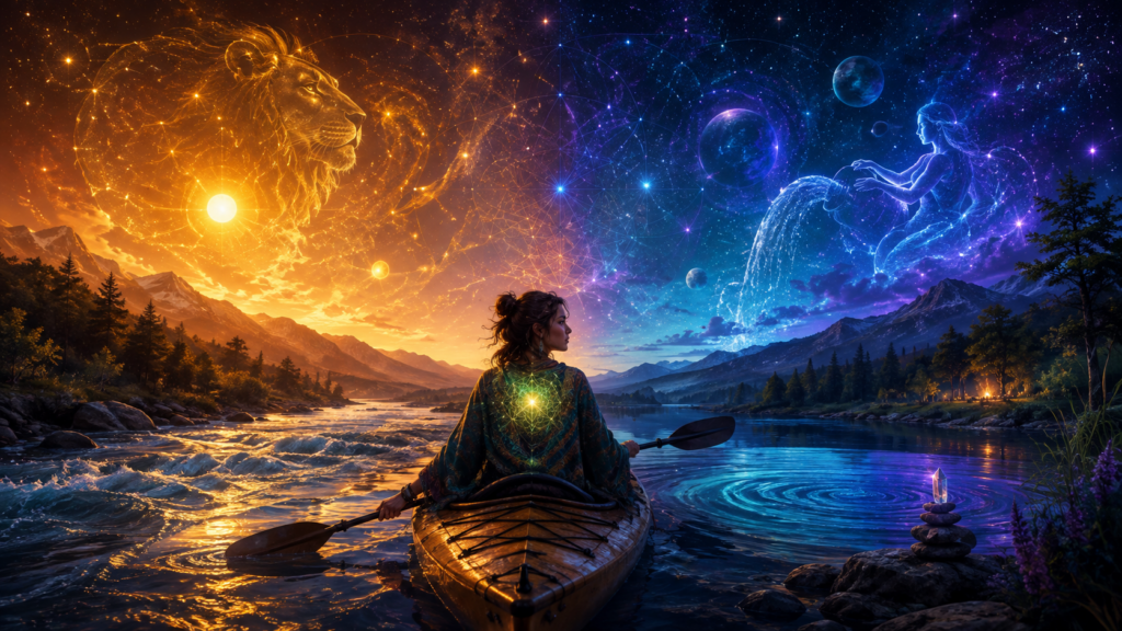 Mystical astrology forecast image of a woman kayaking between golden Leo energy and blue Aquarius energy, with a glowing heart chakra, flowing river currents, quiet water, stars, planets, and sacred geometry symbolizing the lunar node shift, spiritual growth, intuition, and transformation.