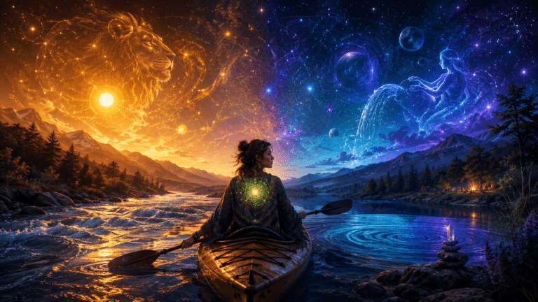 Mystical astrology forecast image of a woman kayaking between golden Leo energy and blue Aquarius energy, with a glowing heart chakra, flowing river currents, quiet water, stars, planets, and sacred geometry symbolizing the lunar node shift, spiritual growth, intuition, and transformation.