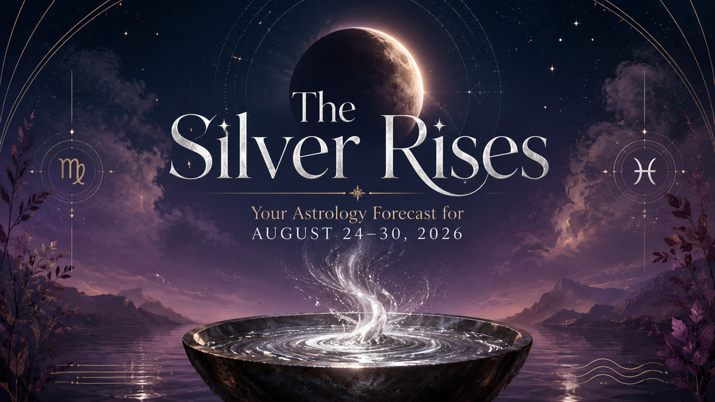 Mystical astrology forecast image for August 24–30, 2026, featuring a partial lunar eclipse above a glowing basin of rising silver, with Virgo and Pisces symbols against a deep purple and navy celestial sky.