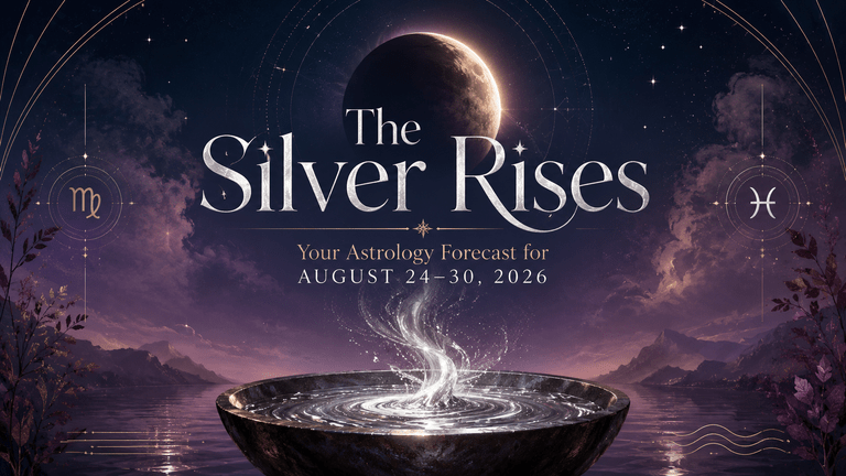 Mystical astrology forecast image for August 24–30, 2026, featuring a partial lunar eclipse above a glowing basin of rising silver, with Virgo and Pisces symbols against a deep purple and navy celestial sky.
