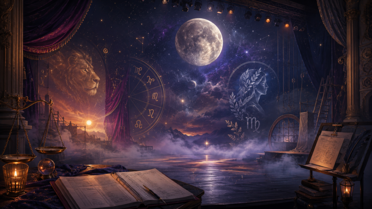 A mystical astrology theater stage filled with cosmic fog, a luminous moon, zodiac symbols, Leo and Virgo imagery, golden scales, and an open ledger, symbolizing this week’s astrology forecast themes of reflection, transition, relationships, business balance, and the shift from Leo season into Virgo season.