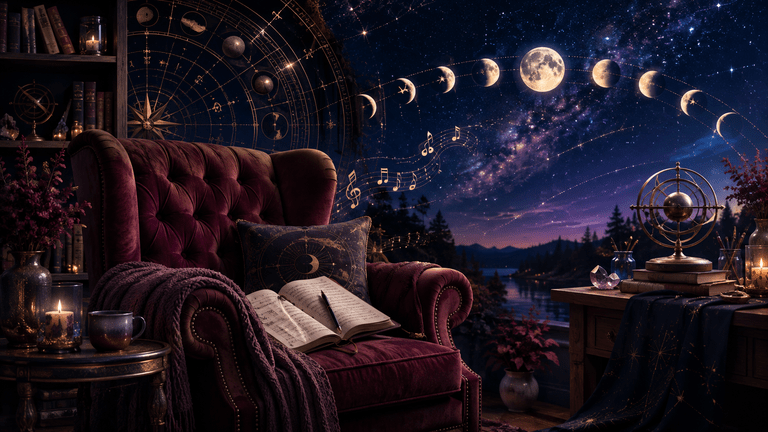 Cozy burgundy armchair in a mystical celestial study beneath a star-filled sky, surrounded by moon phases, astrology symbols, an open journal, sheet music, candles, and creative tools, illustrating the August 31–September 6 astrology forecast about building supportive structures for our time, dreams, work, creativity, and rest.
