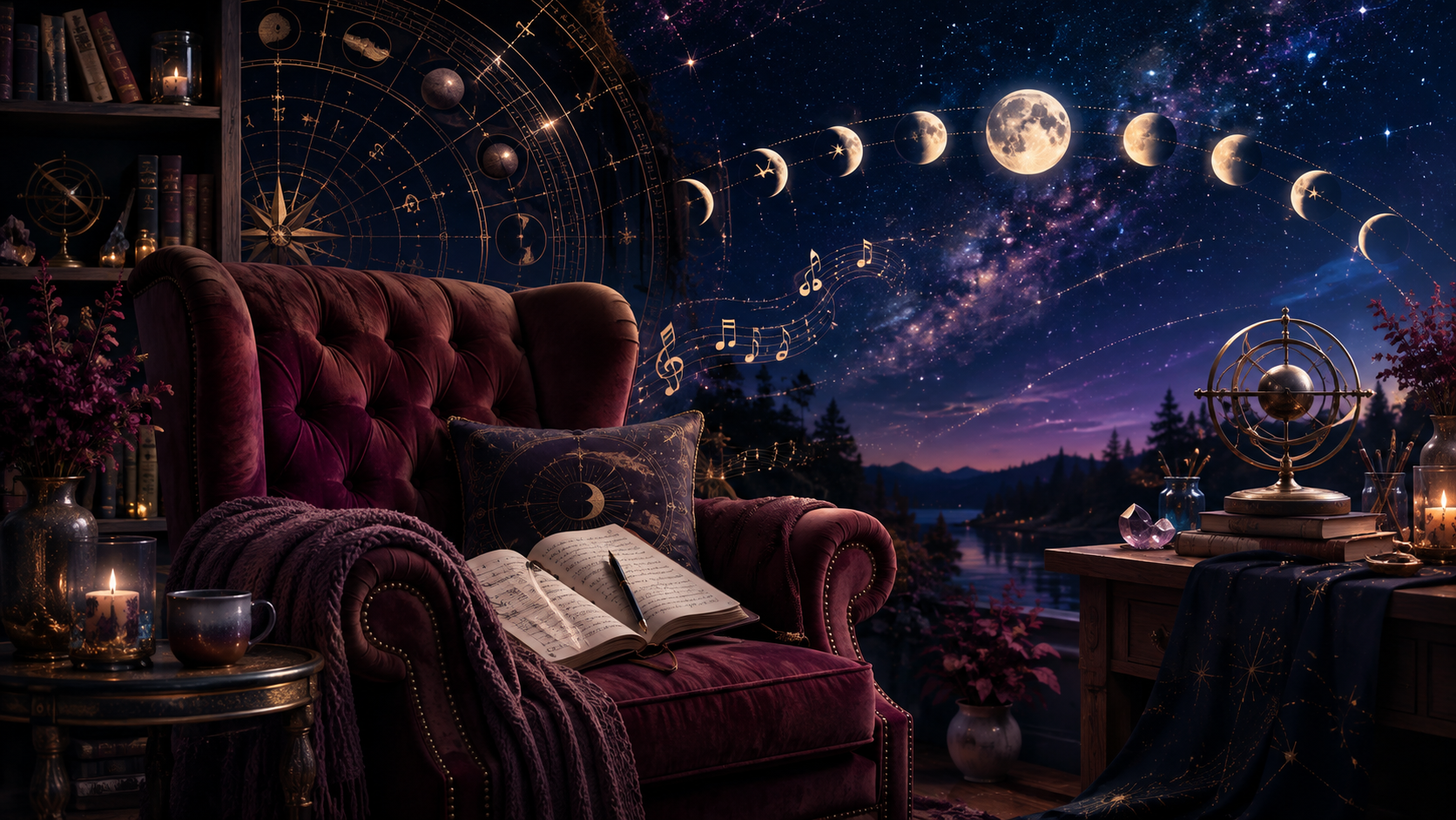 Cozy burgundy armchair in a mystical celestial study beneath a star-filled sky, surrounded by moon phases, astrology symbols, an open journal, sheet music, candles, and creative tools, illustrating the August 31–September 6 astrology forecast about building supportive structures for our time, dreams, work, creativity, and rest.