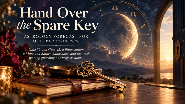 Ornate golden key resting on a leather journal beneath a glowing moon and zodiac wheel, with a star-filled sky and open doorway symbolizing trust, collaboration, and new beginnings in the October 12–18, 2026 astrology and Human Design forecast.
