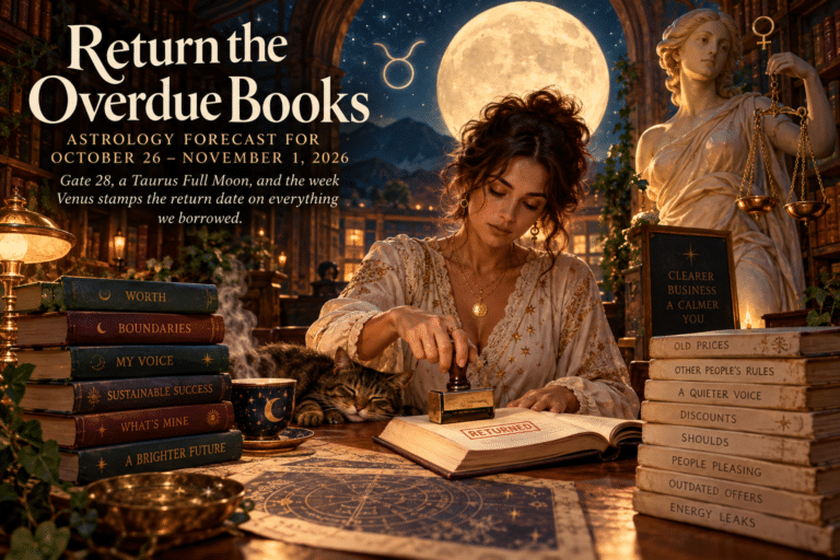 A woman stamps an open book in a mystical library beneath a glowing Taurus Full Moon. Surrounded by celestial charts, antique books, golden Libra scales, and a sleeping cat, the scene symbolizes Venus retrograde, self-worth, boundaries, and releasing outdated business beliefs in the October 26–November 1, 2026 astrology forecast.