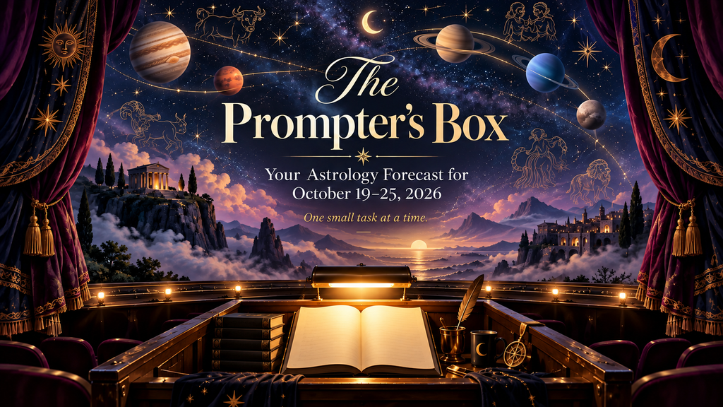 Illustration of a theater prompter's box with an illuminated open script, velvet curtains, and a star-filled sky featuring planets and zodiac constellations, representing the October 19–25, 2026 astrology forecast and Mercury and Venus retrogrades.