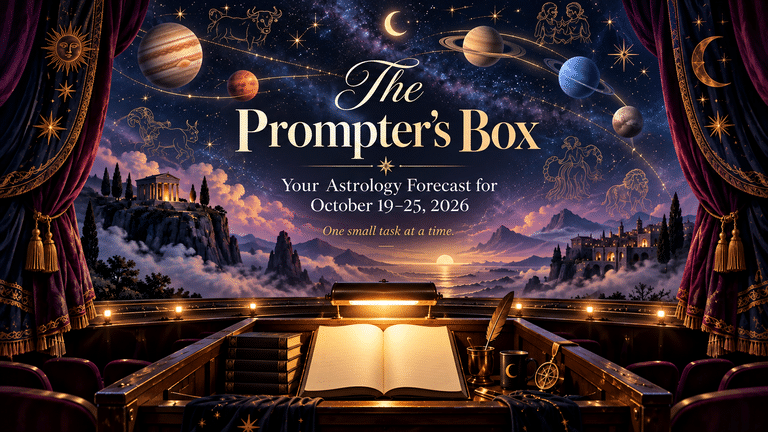 Illustration of a theater prompter's box with an illuminated open script, velvet curtains, and a star-filled sky featuring planets and zodiac constellations, representing the October 19–25, 2026 astrology forecast and Mercury and Venus retrogrades.